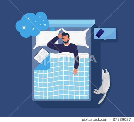 Man sleeping at night with book and cat. Person sleep in bed on pillow under duvet. Peaceful dream and relax. Resting time and comfortable relaxation. Sweet dreams, good health 87589027