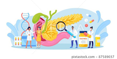 Pancreatitis concept. Gastroenterologist diagnose pancreas inflammation. Doctor examine patient. Digestive system disease treatment. Internal organs cancer Pancreatitis concept. Gastroenterologist diagnose pancreas inflammation. Doctor examine patient. Digestive system disease treatment. Internal organs cancer 87589037