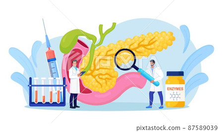 Pancreatitis concept. Gastroenterologist diagnose pancreas inflammation. Doctor examine patient. Digestive system disease treatment. Internal organs cancer Pancreatitis concept. Gastroenterologist diagnose pancreas inflammation. Doctor examine patient. Digestive system disease treatment. Internal organs cancer 87589039