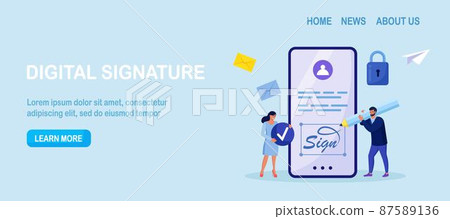 Businessman signing contract with digital pen on phone screen. Electronic contract with digital signature. Businessmen make online deal with e-signature. Agreement conclusion, business partnership Businessman signing contract with digital pen on phone screen. Electronic contract with digital signature. Businessmen make online deal with e-signature. Agreement conclusion, business partnership 87589136