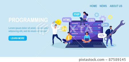 Developing programming and coding technologies and engineering development. Programmer or developer create code. Laptop screen with codes. Developer work with task, coding software using pc 87589145