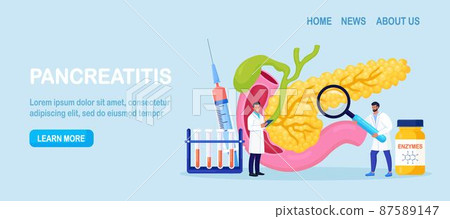 Pancreatitis concept. Gastroenterologist diagnose pancreas inflammation. Doctor examine patient. Digestive system disease treatment. Internal organs cancer 87589147