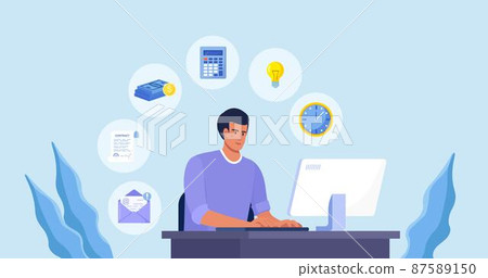Businessman sitting at computer in office and doing many tasks at the same time. Freelance worker. Multitasking skills, effective time management and productivity concept Businessman sitting at computer in office and doing many tasks at the same time. Freelance worker. Multitasking skills, effective time management and productivity concept 87589150