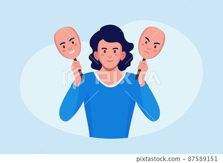 Woman shows two face mask with happy and unhappy mood. Person hiding true emotions, psychological problems. Fake feelings, mental disorder changing personality. Manic depression, bipolar illness Woman shows two face mask with happy and unhappy mood. Person hiding true emotions, psychological problems. Fake feelings, mental disorder changing personality. Manic depression, bipolar illness 87589151