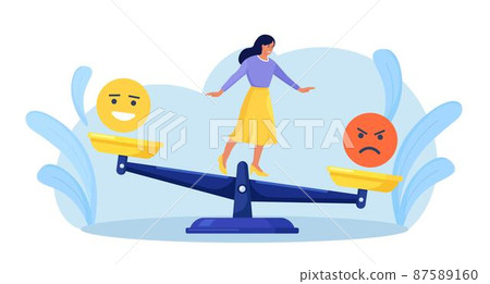 Emotional intelligence, balance emotion. Woman balanced on scales with bad and good emotions. Unstable mental state and tight emotion control. Psychological and mental stability. Mindful calm, harmony 87589160