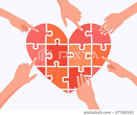 People hold big heart puzzle jigsaw symbol in hands. Charity and donation. Give and share your love to people. Group of volunteers in social benefit activity 87589163
