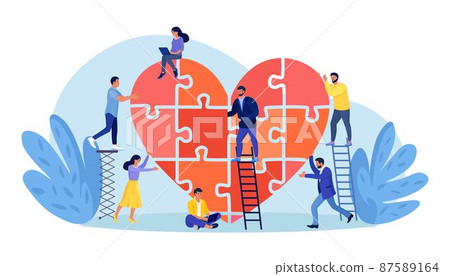 People put the puzzle pieces together to red heart shape form. Charity and donation. Give and share your love to people. Group of volunteers work for good purpose in social benefit activity People put the puzzle pieces together to red heart shape form. Charity and donation. Give and share your love to people. Group of volunteers work for good purpose in social benefit activity 87589164