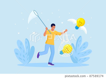 Businessman chasing and catch flying light bulb with butterfly net. Capture new business ideas, search for innovation or creativity, brainstorm or invent new project. Motivated employee seek solution 87589174