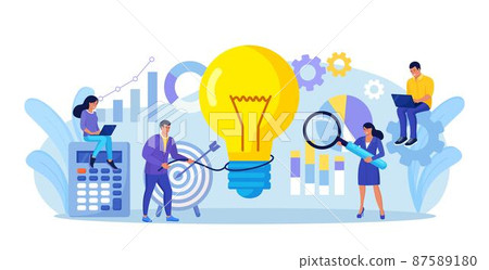 Businessman catches light bulb with lasso. Tiny people develop creative business idea, innovation project. Team analyzes brainstorming method. Businessmen solve problems, find solutions with teamwork 87589180
