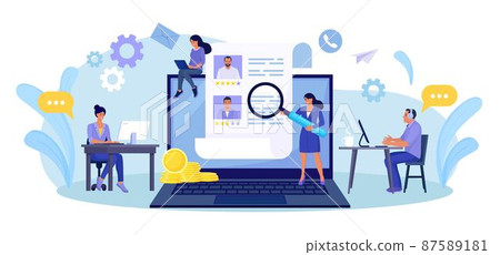 HR Managers Choosing Best Candidate for Job, Searching New Employee. Recruitment, Hiring Process. Online Job interview. Resume of Candidates on Laptop Screen 87589181