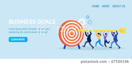Business People Running, Carry Huge Arrow to Huge Target.  Successful Professional Team Hitting Aim. Good Work, Teamwork 87589196