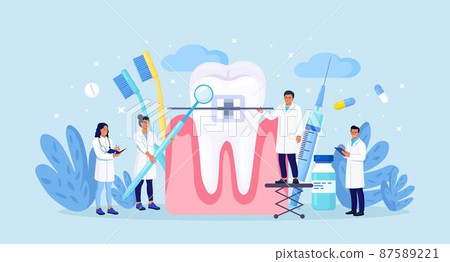 Doctors installing braces in orthodontic clinic. Dental doctor in uniform treating human teeth with braces. Prosthetics and dental care. Orthodontic treatment and cosmetic odontology 87589221
