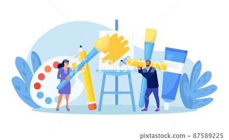 Artists painting with palette and brushes at easel. Art studio, open art classes, modern arts gallery. Watercolor or oil painting, creative hobby, workshop. People creating traditional artworks Artists painting with palette and brushes at easel. Art studio, open art classes, modern arts gallery. Watercolor or oil painting, creative hobby, workshop. People creating traditional artworks 87589225