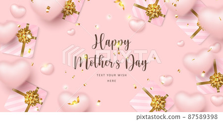 Happy mother's day girlish pink love heart and present gift box with golden ribbon flower 87589398