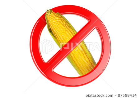 Maize, sweet corn with forbidden sign, 3D rendering Maize, sweet corn with forbidden sign, 3D rendering 87589414