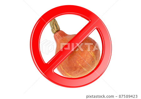 Hokkaido pumpkin with forbidden sign, 3D rendering 87589423
