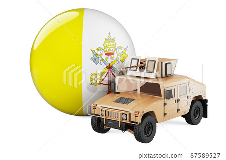 Military truck with Vatican flag. Combat defense of Vatican, concept. 3D rendering 87589527