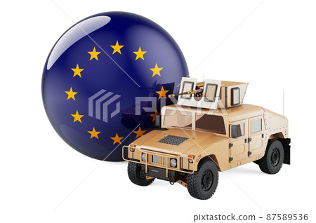 Military truck with The EU flag. Combat defense of the European Union, concept. 3D rendering Military truck with The EU flag. Combat defense of the European Union, concept. 3D rendering 87589536
