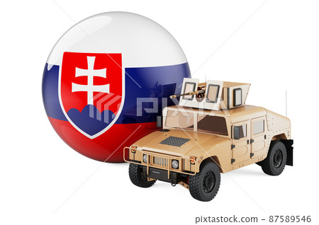Military truck with Slovak flag. Combat defense of Slovakia, concept. 3D rendering Military truck with Slovak flag. Combat defense of Slovakia, concept. 3D rendering 87589546