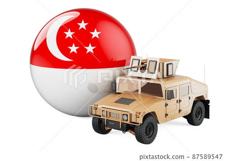 Military truck with Singaporean flag. Combat defense of Singapor, concept. 3D rendering Military truck with Singaporean flag. Combat defense of Singapor, concept. 3D rendering 87589547