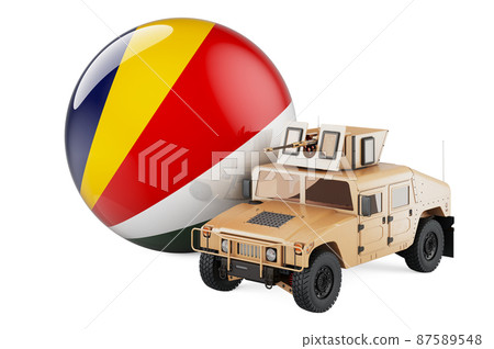 Military truck with Seychelloise flag. Combat defense of Seychelles, concept. 3D rendering Military truck with Seychelloise flag. Combat defense of Seychelles, concept. 3D rendering 87589548