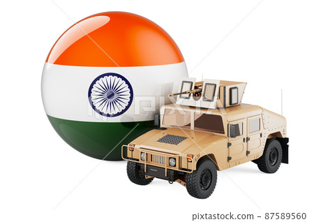 Military truck with Indian flag. Combat defense of India, concept. 3D rendering 87589560