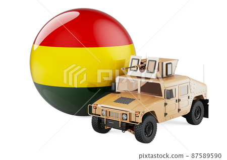 Military truck with Bolivian flag. Combat defense of Bolivia, concept. 3D rendering Military truck with Bolivian flag. Combat defense of Bolivia, concept. 3D rendering 87589590