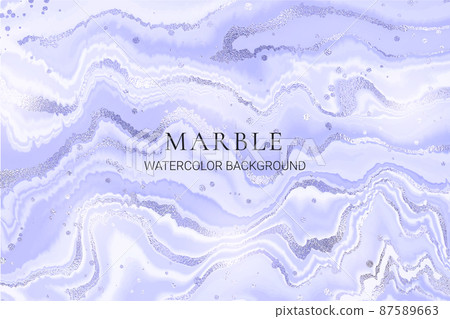 Violet blue liquid marble or watercolor background with glitter foil textured stripes. Purple cyan marbled alcohol ink drawing effect. Vector illustration design template for wedding invitation 87589663