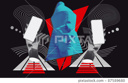 Fashion collage in magazine and pop art style. Statue holding modern blank frameless screen smartphone in a palm. Fashion collage in magazine and pop art style. Statue holding modern blank frameless screen smartphone in a palm. 87589680