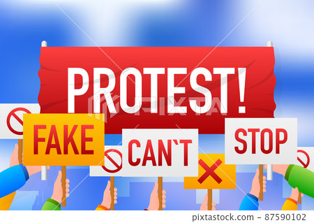 Protest realistic red table on blue background. Vector illustration 87590102