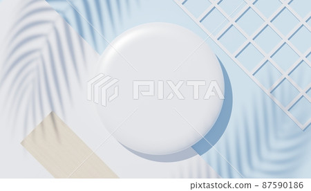 3d render top view of white blank cylinder frame for mock up and display products with shadows of palm leaves, earth tone, and pastel wall background. Creative idea concept. Widow shadow. 87590186