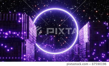 3d render of neon and light glowing on dark scene. Cyber punk night city concept. Night life. Technology network for 5g. Beyond generation and futuristic scene. Sci- fi pattern theme. 87590196