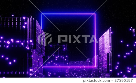 3d render of neon and light glowing on dark scene. Cyber punk night city concept. Night life. Technology network for 5g. Beyond generation and futuristic scene. Sci- fi pattern theme. 87590197