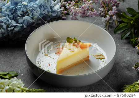 New York cheesecake or classic cheesecake with fresh berries on white plate, wooden table background and copy space for text New York cheesecake or classic cheesecake with fresh berries on white plate, wooden table background and copy space for text 87590284