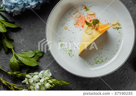New York cheesecake or classic cheesecake with fresh berries on white plate, wooden table background and copy space for text New York cheesecake or classic cheesecake with fresh berries on white plate, wooden table background and copy space for text 87590285