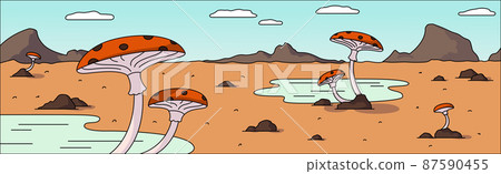 Many growing mushrooms, landscape panoramic plant background 87590455