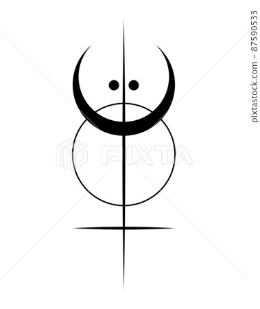 Sacred Geometry, black tattoo logo with sun, crescent moon, alchemy esoteric cross, mystical magic celestial talisman. Spiritual occultism object vector illustration isolated on white background 87590533
