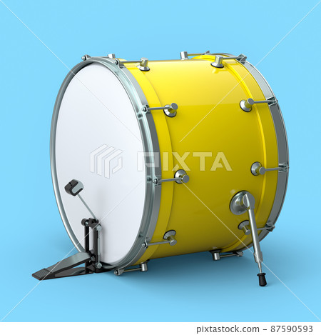 Realistic drum with pedal on blue background. 3d render concept of musical instrument, drum machine. Realistic drum with pedal on blue background. 3d render concept of musical instrument, drum machine. 87590593