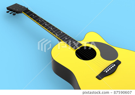 Close-up of acoustic guitar isolated on blue background. 3d render of concept for rock festival poster with spanish guitar for music shop Close-up of acoustic guitar isolated on blue background. 3d render of concept for rock festival poster with spanish guitar for music shop 87590607