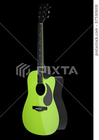 Close-up of acoustic guitar isolated on black background. 3d render of concept for rock festival poster with spanish guitar for music shop 87590608