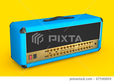 Classical electric and acoustic guitar amplifier isolated on yellow background. 3d render of amplifier for recording bass guitar in studio or rehearsal room Classical electric and acoustic guitar amplifier isolated on yellow background. 3d render of amplifier for recording bass guitar in studio or rehearsal room 87590609