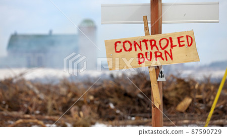 Controlled Burn on a Farm Property where Forest has been Cut Down to make more Arable Farmland 87590729