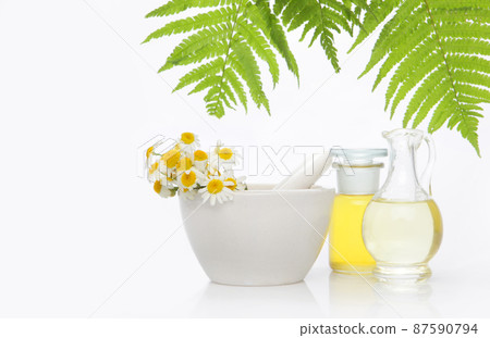 Natural medicine, herbs, mortar on white table background. Alternative medicine. Natural medicine, herbs, mortar on white table background. Alternative medicine. 87590794