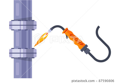 welding machine repairs an iron pipe. 87590806