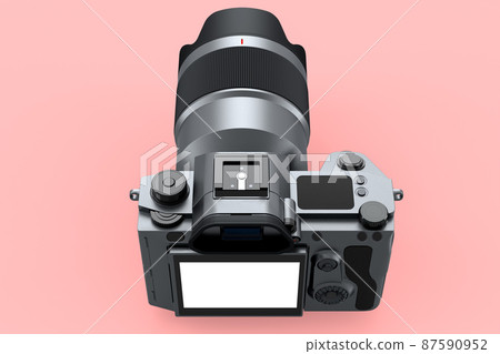 Concept of nonexistent silver DSLR camera with macro lens isolated on pink 87590952