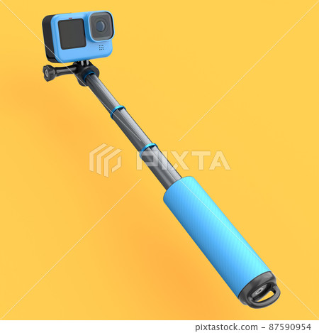 Photo and video lightweight blue action camera with selfie stick on orange 87590954