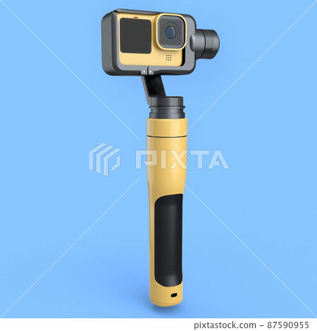 Photo and video lightweight yellow action camera with steadicam on blue Photo and video lightweight yellow action camera with steadicam on blue 87590955