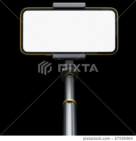 Realistic smartphone with blank white screen and selfie stick isolated on black 87590964