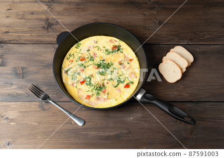 Fried eggs sprinkled with parsley in skillet on dark wooden table, Homemade breakfast. Fried eggs sprinkled with parsley in skillet on dark wooden table, Homemade breakfast. 87591003