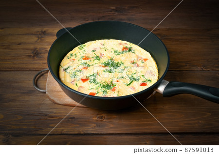 Fried eggs sprinkled with parsley in skillet on dark wooden table, Homemade breakfast. 87591013